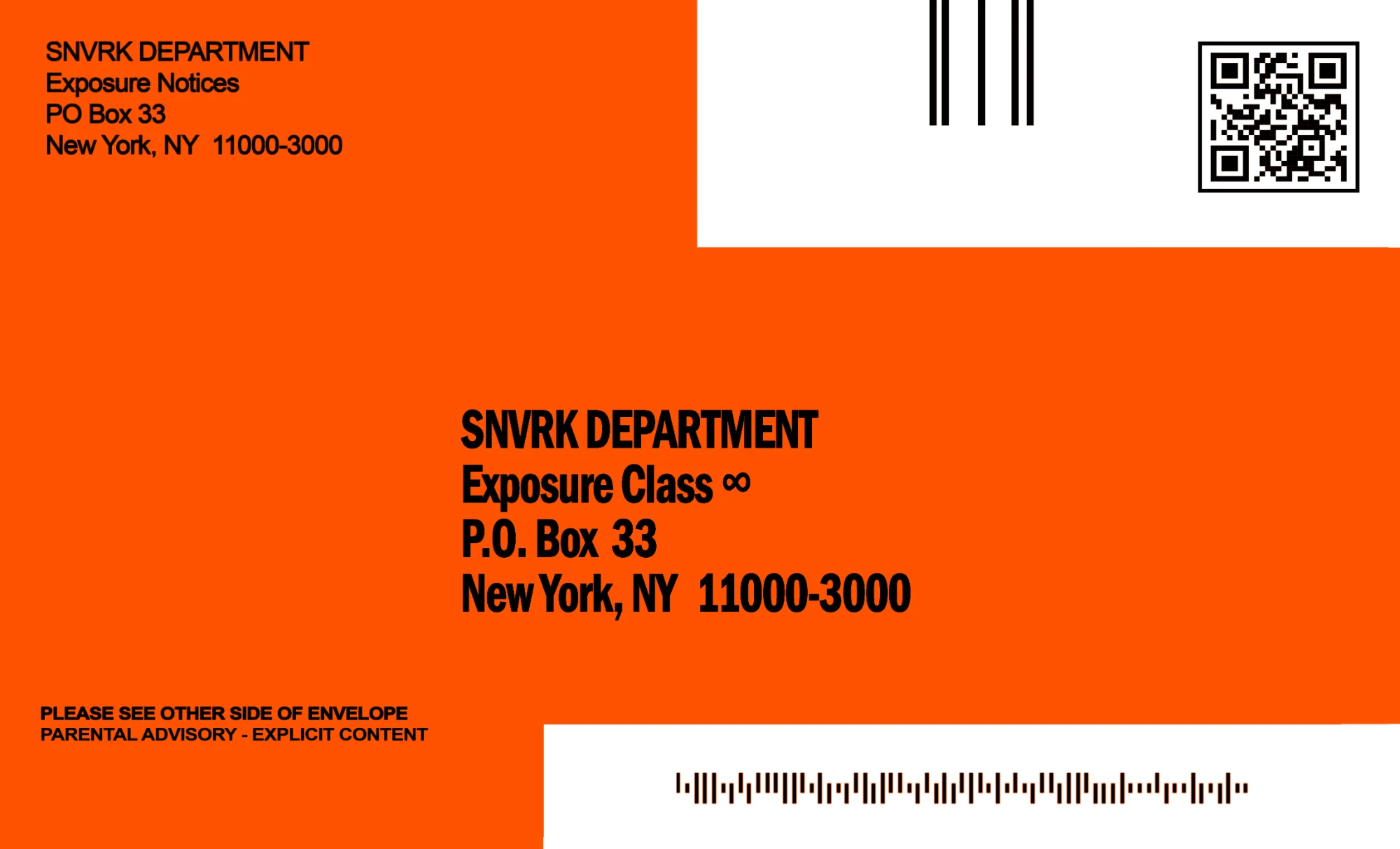 The Ticketstorm envelope: orange, from the SNVRK Department, with a QR code and postal barcodes